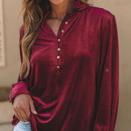 Frill Half Button Mock Neck Long Sleeve Blouse