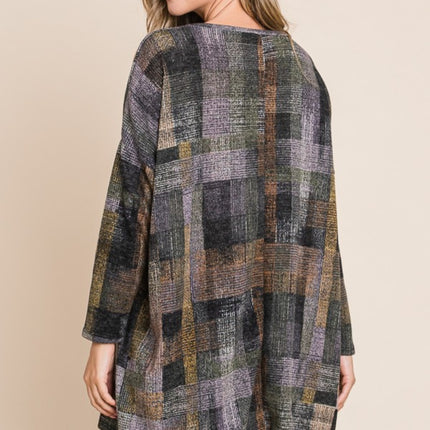 BOMBOM Plaid Round Neck Long Sleeve Top