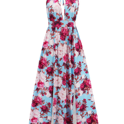 Slit Backless Printed Halter Neck Dress