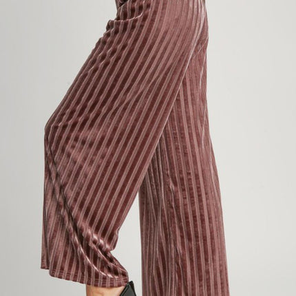 Umgee Full Size Elastic Waist Striped Wide Leg Velvet Pants