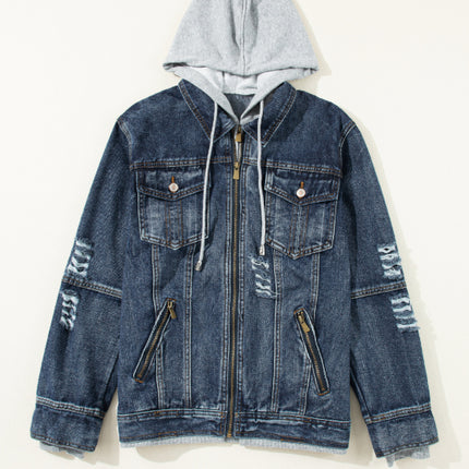 Fake Two-Piece Hooded Zip-Up Denim Jacket