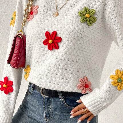 Crochet Flower Round Neck Sweater