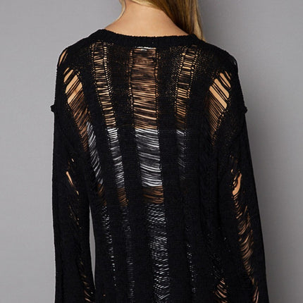 POL Distressed Round Neck Long Sleeve Knit Cover Up