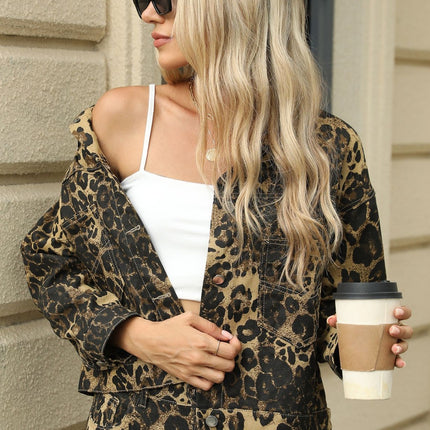 Pocketed Leopard Long Sleeve Denim Jacket