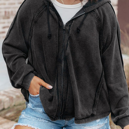 Exposed Seam Zip Up Long Sleeve Drawstring Hoodie