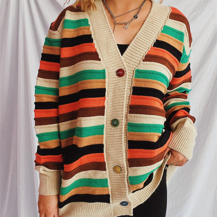 Contrast Stripes Button Up Long Sleeve Cardigan