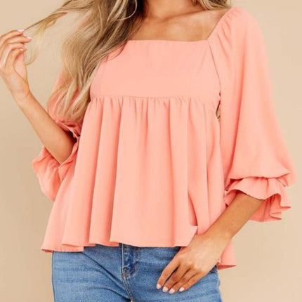 Smocked Square Neck Flounce Sleeve Blouse