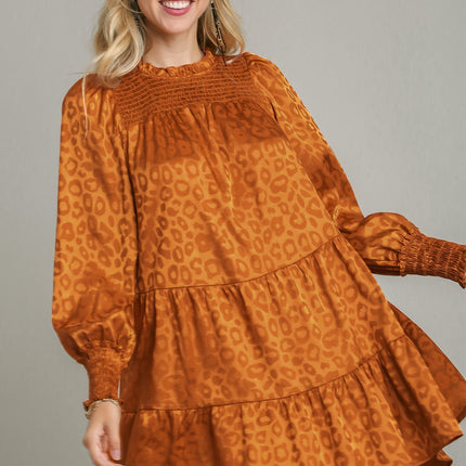 Umgee Smocked Leopard Long Sleeve Tiered Dress