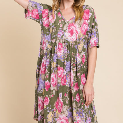 BOMBOM Flower Print V-Neck Ruched Dress