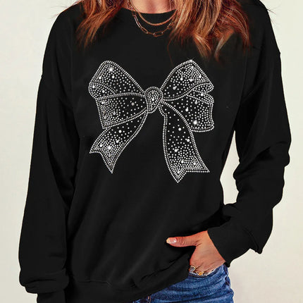 Rhinestone Bow Round Neck Long Sleeve Sweatshirt