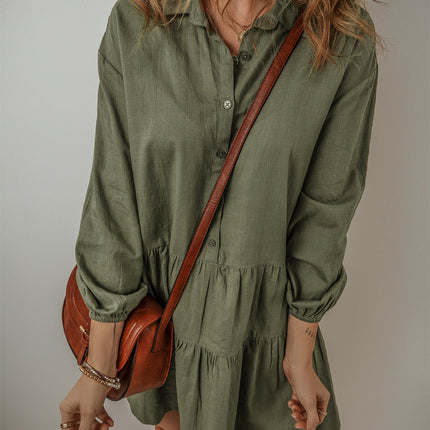 Tiered Collared Neck Balloon Sleeve Shirt Dress