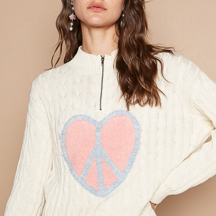 POL Cable-Knit Peace Patch Dropped Shoulder Sweater