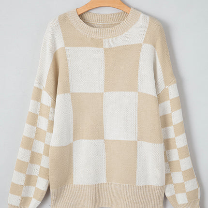 Checkered Round Neck Drop Shoulder Sweater