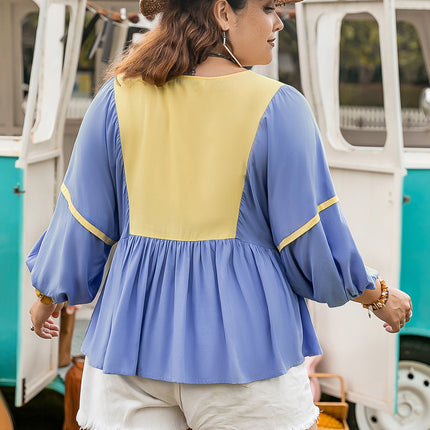 Plus Size Ruched Tie Neck Balloon Sleeve Blouse