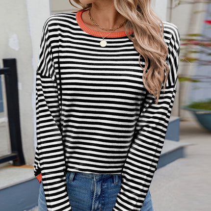 Striped Contrast Round Neck Long Sleeve Sweater