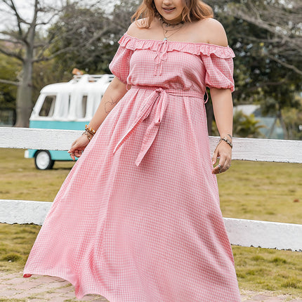 Plus Size Plaid Off-Shoulder Short Sleeve Midi Dress