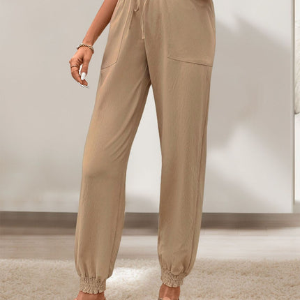 Tied Elastic Waist Pants with Pockets