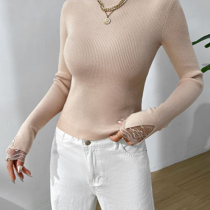 Lace Detail Mock Neck Long Sleeve Sweater