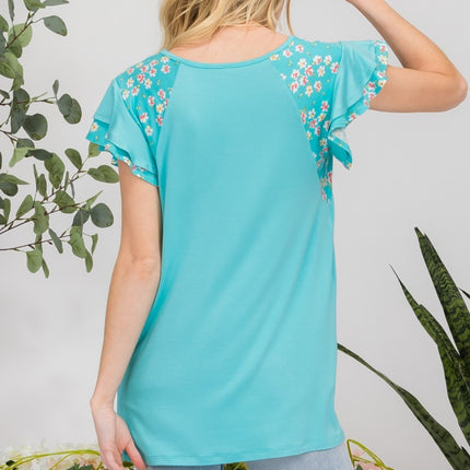 Celeste Full Size Floral Contrast Short Sleeve Top