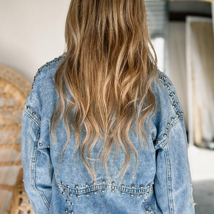 Studded Acid Wash Long Sleeve Denim Jacket