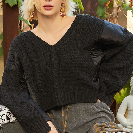 POL Cable Knit Quilting Patch V-Neck Sweater