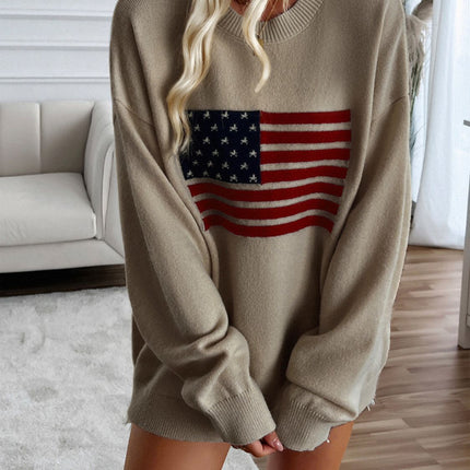 Devine US Flag Round Neck Long Sleeve Knit Top - Vickie Lynn's