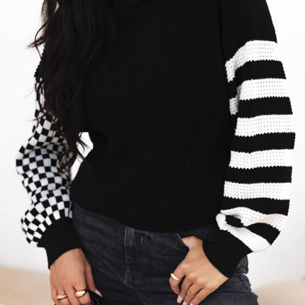 Striped & Checkered Turtleneck Dropped Shoulder Sweater