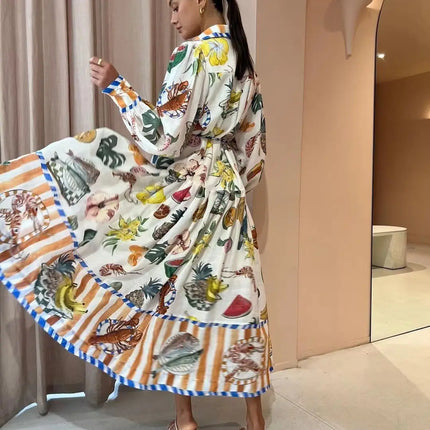 2023 Autumn Print Holiday Women Beach Dress With Belts A-line Long Lantern Sleeve Single Breasted Lapel Seaside Dresses Robe