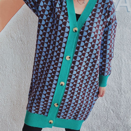 Contrast Trim Geometric Button Down Cardigan