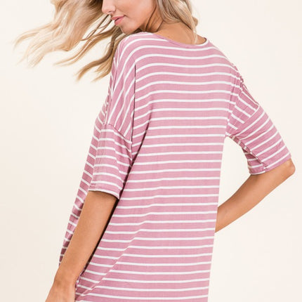 BOMBOM Striped Round Neck Half Sleeve T-Shirt