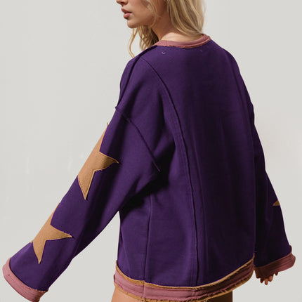 Double Take Star Patched Long Sleeve Sweatshirt