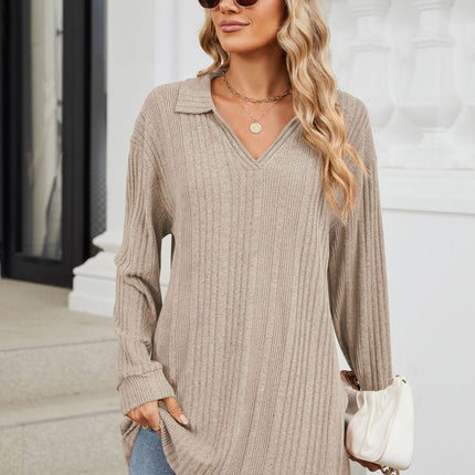 Slit Johnny Collar Long Sleeve T-Shirt