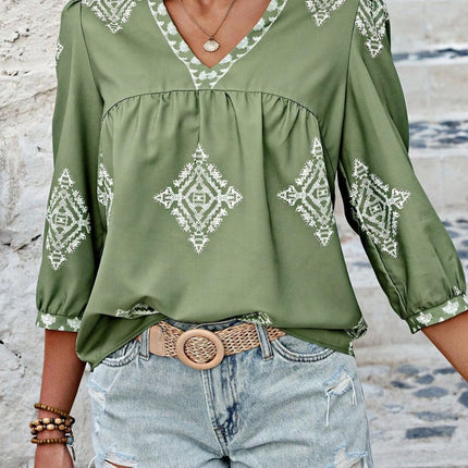 Printed V-Neck Three-Quarter Sleeve Blouse