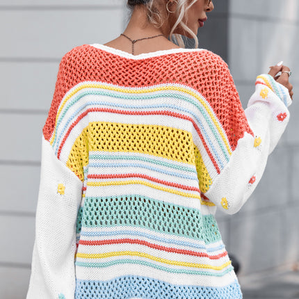 Hollow Striped Color Block Round Neck Sweater