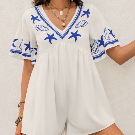 Printed V-Neck Half Sleeve Romper