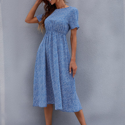 Printed Round Neck Short Sleeve Midi Dress