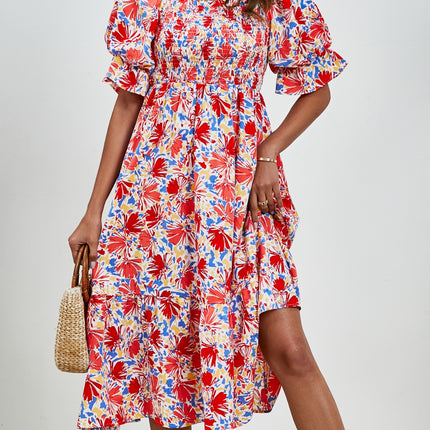 Smocked Floral Square Neck Short Sleeve Dress