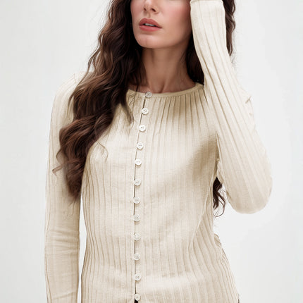 Basic Bae Texture Button Up Round Neck Long Sleeve Top