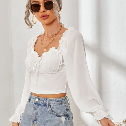 Mesh Sweetheart Neck Flounce Sleeve Top