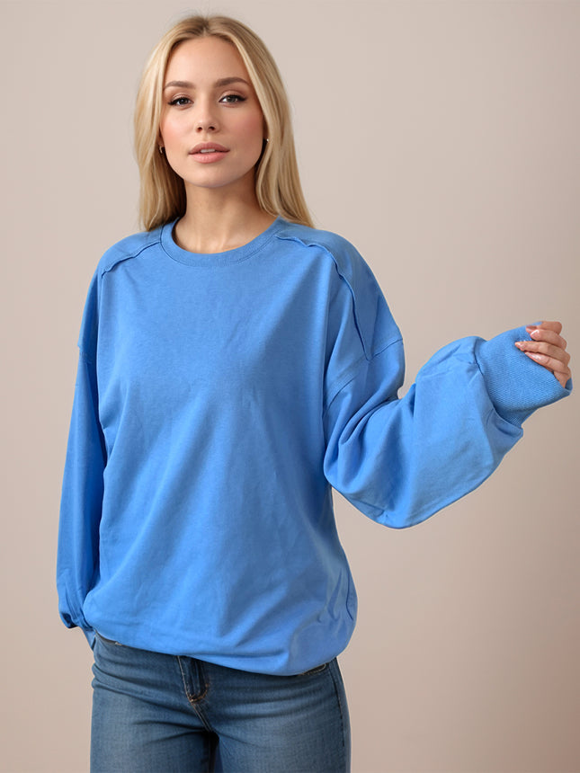 Exposed Seam Round Neck Long Sleeve Sweatshirt