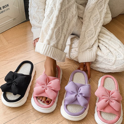 Bow Waffle-Knit Platform Slippers