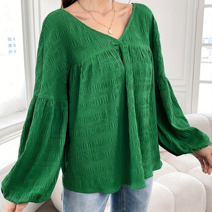 Plus Size Texture V-Neck Long Sleeve Top