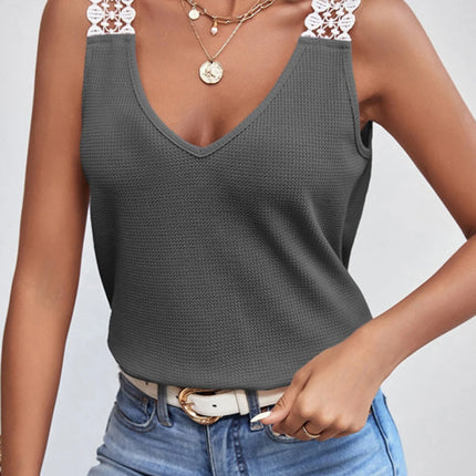 Lace Detail Waffle-Knit V-Neck Tank
