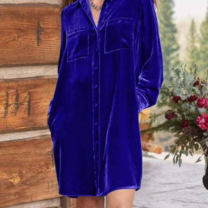 High-Low Button Up Long Sleeve Knee Length Dress