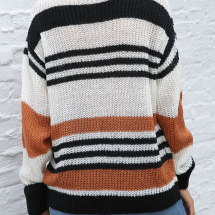 Contrast Striped Round Neck Long Sleeve Sweater