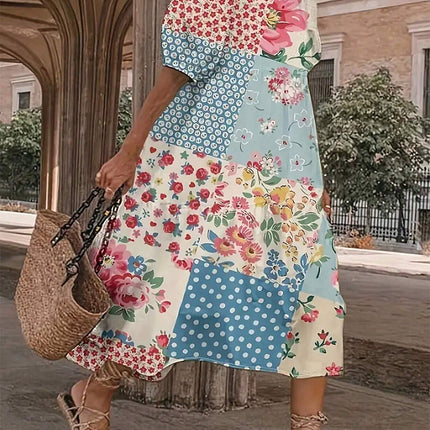 Patchwork Printed Round Neck Midi Dress