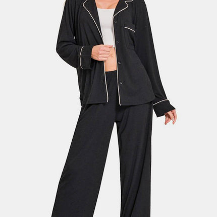 Zenana Button Down Long Sleeve Top and Pants Lounge Set