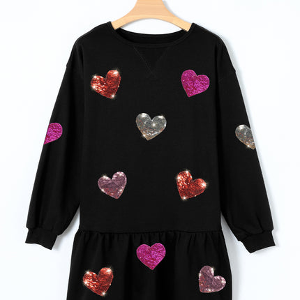 Sequin Heart Round Neck Long Sleeve Mini Dress