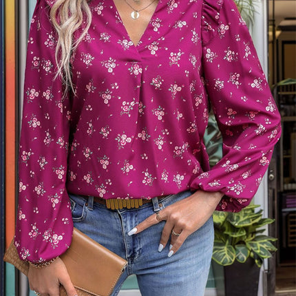 Ruffled Printed Notched Long Sleeve Blouse