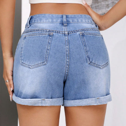 Rolled Hem Mid-Rise Waist Denim Shorts